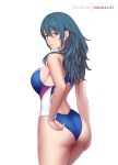  1girl ass back_cutout bangs bare_arms bare_shoulders blue_eyes blue_hair blue_swimsuit breasts byleth_(fire_emblem) byleth_eisner_(female) closed_mouth clothing_cutout competition_swimsuit cowboy_shot dakkalot fire_emblem fire_emblem:_three_houses from_behind hair_between_eyes large_breasts looking_at_viewer looking_back one-piece_swimsuit sideboob smile solo swimsuit 