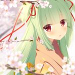  1girl :o bangs blurry blurry_background blurry_foreground blush brown_kimono cariboy commentary_request depth_of_field eyebrows_visible_through_hair flower green_hair hair_ribbon japanese_clothes kimono long_hair looking_at_viewer looking_to_the_side murasame_(senren) parted_lips red_eyes red_ribbon ribbon senren_banka solo tree_branch two_side_up upper_body white_flower 