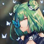  1girl bangs bare_shoulders bug butterfly detached_sleeves double_bun dress green_hair hair_ornament hololive insect red_eyes short_hair skull_hair_ornament solo uruha_rushia virtual_youtuber 