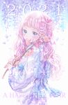  1girl 2021 absurdres blue_eyes blue_ribbon curly_hair english_text flower flower_over_mouth highres holding_plant japanese_clothes kimono kousagi large_ribbon long_hair long_sleeves new_year original pink_hair plant ribbon solo 