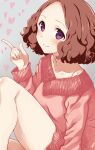  1girl blush brown_hair eyebrows_visible_through_hair highres iwashi_dorobou_-r- long_sleeves okumura_haru persona persona_5 pink_sweater ribbed_sweater solo sweater violet_eyes 