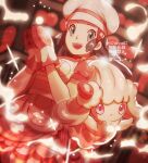  1girl alcremie alcremie_(strawberry_sweet) black_hair blurry blurry_background commentary_request hikari_(pokemon) dress eyelashes film_grain gen_8_pokemon grey_eyes hands_up hat highres long_hair mittens open_mouth pokemon pokemon_(creature) pokemon_(game) pokemon_masters_ex red_mittens repost_notice smile teeth watermark white_headwear yukifuri_tsuyu 