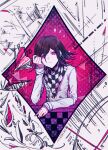  1boy bangs black_hair checkered checkered_floor checkered_neckwear checkered_scarf commentary_request dangan_ronpa_(series) dangan_ronpa_v3:_killing_harmony double-breasted frown goto_(sep) hair_between_eyes hand_up highres jacket long_sleeves looking_at_viewer looking_back male_focus multicolored_hair ouma_kokichi purple_hair scarf solo star_(symbol) star_print two-tone_hair upper_body violet_eyes white_jacket 