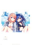  2girls absurdres bangs bikini bikini_top black_bikini black_choker blue_hair blush breasts brown_hair cardigan choker collarbone eyebrows_visible_through_hair gochuumon_wa_usagi_desu_ka? grey_cardigan hair_between_eyes highres hooded_cardigan hoto_cocoa jouga_maya koi_(koisan) long_sleeves looking_at_viewer multiple_girls navel open_cardigan open_clothes parted_lips shiny shiny_hair sitting small_breasts sparkle swimsuit violet_eyes white_bikini white_choker yellow_eyes 