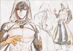  1boy abs arm_tattoo baggy_pants bangs bare_pecs black_hair brown_hair cloak closed_mouth genshin_impact genshin_krois hair_between_eyes highres hood hood_up hooded_cloak jewelry long_hair looking_at_viewer male_focus multicolored_hair pants pectorals ponytail shrug_(clothing) simple_background sketch sleeveless solo tattoo toned yellow_eyes zhongli_(genshin_impact) 