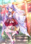  1girl absurdres angel_beats! commentary_request fox_mask fox_tail full_body goto_p hakama hakama_skirt highres japanese_clothes long_hair looking_at_viewer mask mask_on_head miko okobo one_side_up red_hakama silver_hair solo stairs tail tachibana_kanade thigh-highs torii tree white_legwear wide_sleeves yellow_eyes 