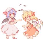  2girls ankle_socks arms_up bangs bat bat_wings blonde_hair blue_hair blush brooch commentary cravat cycloneyukari eyebrows_visible_through_hair fang feet_out_of_frame flandre_scarlet hat hat_ribbon jewelry looking_at_viewer mob_cap multiple_girls one_side_up open_mouth pink_footwear pink_headwear pink_shirt pink_skirt puffy_short_sleeves puffy_sleeves red_eyes red_neckwear red_skirt red_vest remilia_scarlet ribbon shirt short_hair short_sleeves siblings simple_background sisters skirt smile standing standing_on_one_leg touhou vest white_background white_legwear white_shirt wings yellow_neckwear 