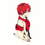  1boy 3kuma armband ascot bandaid bandaid_on_nose coat colored_skin cropped_torso expressionless flag from_side fukase headset male_focus official_art profile red_eyes red_neckwear redhead scar scar_on_face upper_body vocaloid white_background white_coat white_skin 
