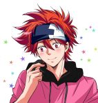  1boy blush closed_mouth hood hood_down hoodie kyan_reki male_focus orange_eyes patterned_background redhead sisido_(black_candy) sk8_the_infinity smile solo spiky_hair star_(symbol) upper_body white_background 