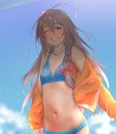  bikini blue_bikini blue_sky clouds day gobi_(sobmobink) highres hoshi_shouko idolmaster idolmaster_cinderella_girls jacket navel one_eye_closed orange_jacket outdoors red_ribbon ribbon sharp_teeth sky smile swimsuit swimwear teeth violet_eyes white_hair 