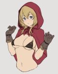  1girl bikini black_bikini blonde_hair blue_eyes breasts cape cropped_torso gloves grey_gloves hair_between_eyes hands_up hood hood_up hooded_cape houtengeki large_breasts little_red_riding_hood little_red_riding_hood_(grimm) looking_at_viewer medium_hair micro_bikini navel parted_lips red_cape red_hood simple_background solo swimsuit white_background 