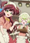  2girls :d ^_^ ^o^ absurdres aikatsu! aikatsu!_(series) aikatsu_friends! aikatsu_on_parade! aikatsu_stars! alternate_costume apron beret black_neckwear blue_bow blurry blurry_background bow bowtie bread brown_hair closed_eyes commentary_request dutch_angle enmaided flower food frilled_apron frilled_gloves frilled_sleeves frills from_below futaba_aria gloves green_eyes green_hair hair_bow hair_flower hair_ornament hand_up harukaze_wakaba hat highres holding holding_tray huge_filesize indoors kaoryu-kun long_hair long_skirt low_twintails maid maid_apron mistletoe multiple_girls multiple_hair_bows necktie open_mouth pink_shirt puffy_short_sleeves puffy_sleeves red_skirt shirt short_sleeves skirt smile tray twintails two_side_up waist_apron waitress white_apron white_gloves white_headwear window yellow_neckwear 