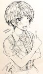  1girl bangs blush character_name collared_shirt commentary_request crossed_arms dangan_ronpa_(series) dangan_ronpa_2:_goodbye_despair dress freckles index_finger_raised koizumi_mahiru looking_at_viewer monochrome necktie open_mouth pinafore_dress redhead senkawa_(ar7_6) shirt short_hair short_sleeves solo traditional_media upper_body 