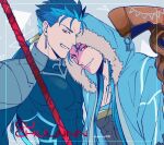  2boys abs armor beads blue_hair bodysuit capelet character_name closed_mouth cu_chulainn_(fate)_(all) cu_chulainn_(fate/grand_order) earrings fate/grand_order fate/stay_night fate_(series) fur-trimmed_hood fur_trim gae_bolg grin hair_beads hair_ornament hood hood_up hooded_capelet jewelry lancer long_hair looking_at_viewer male_focus mineco000 multiple_boys multiple_persona muscular pauldrons pectorals ponytail red_eyes shoulder_armor skin_tight smile spiky_hair staff twitter_username type-moon 