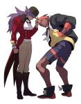  2boys bangs baseball_cap beige_pants black_hoodie boots brown_hair buttons clenched_hand closed_mouth commentary_request cravat dark_skin dark_skinned_male dynamax_band facial_hair gym_leader hand_in_pocket hand_on_headwear hat head_down highres hood hoodie kneepits leon_(pokemon) long_hair looking_at_another male_focus multiple_boys orange_headwear pokemon pokemon_(game) pokemon_swsh purple_hair raihan_(pokemon) redlhzz shoes shorts side_slit side_slit_shorts standing tailcoat white_neckwear 