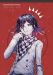  1boy bangs black_hair buttons checkered checkered_scarf commentary_request dangan_ronpa_(series) dangan_ronpa_v3:_killing_harmony dated double-breasted goto_(sep) hair_between_eyes hand_up happy_birthday highres jacket long_sleeves looking_at_viewer male_focus medium_hair ouma_kokichi purple_hair red_background scarf shiny shiny_hair smile solo straitjacket tongue tongue_out upper_body violet_eyes white_jacket 