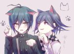  2boys ahoge alternate_hair_color animal_ears bangs black_jacket blue_hair cat_ears checkered checkered_neckwear checkered_scarf commentary_request dangan_ronpa_(series) dangan_ronpa_v3:_killing_harmony extra_ears goto_(sep) green_hair hair_between_eyes jacket kemonomimi_mode long_sleeves looking_at_another male_focus multiple_boys open_mouth ouma_kokichi paw_pose paw_print_background purple_hair saihara_shuuichi scarf short_hair smile striped striped_jacket upper_body violet_eyes white_jacket 