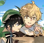  2boys aether_(genshin_impact) ahoge bangs black_hair blonde_hair blue_eyes blue_hair bow braid clouds cloudy_sky day eyebrows_visible_through_hair frilled_sleeves frills genshin_impact gradient_hair green_headwear hair_between_eyes hat holding holding_map kk_(kkgame7733) leaf long_hair long_sleeves male_focus map multicolored_hair multiple_boys open_mouth pointing ribbon scarf simple_background sky smile venti_(genshin_impact) yellow_eyes 
