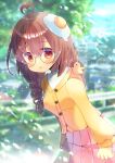  1girl :o ahoge animal_on_shoulder bird blurry blurry_background blush braid breasts brown_eyes brown_hair brown_ribbon chick commentary_request copyright_request day depth_of_field egg_hair_ornament food_themed_hair_ornament glasses grey-framed_eyewear hair_ornament hair_ribbon heart_ahoge jacket kouu_hiyoyo leaning_forward long_hair long_sleeves looking_at_viewer outdoors parted_lips pink_skirt pleated_skirt puffy_long_sleeves puffy_sleeves ribbon round_eyewear shirt skirt sleeves_past_wrists small_breasts solo twin_braids virtual_youtuber white_shirt yellow_jacket 