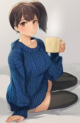  1girl alternate_costume arm_rest bangs black_legwear blue_sweater brown_eyes brown_hair cup eyebrows_visible_through_hair hair_tie highres holding holding_cup kaga_(kancolle) kantai_collection kasumi_(skchkko) long_hair looking_at_viewer short_shorts shorts side_ponytail simple_background sitting sweater thigh-highs 