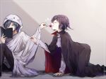  2boys all_fours bangs black_cape black_hair black_pants blue_hair book candy cape closed_eyes commentary_request dangan_ronpa_(series) dangan_ronpa_v3:_killing_harmony food from_side ghost_costume goto_(sep) grey_background holding hood jewelry knee_up long_sleeves male_focus multiple_boys ouma_kokichi pants profile purple_hair red_cape saihara_shuuichi shiny shiny_hair short_hair sitting smile two-sided_fabric 