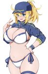  1girl ahoge artoria_pendragon_(all) baseball_cap bikini blonde_hair blue_eyes blue_headwear blue_jacket blush breasts closed_mouth commentary_request cropped_jacket eyebrows_visible_through_hair fate/grand_order fate_(series) hair_between_eyes hair_through_headwear hand_on_hip hand_up hat highres imuzi jacket looking_at_viewer medium_breasts medium_hair midriff mysterious_heroine_xx_(foreigner) navel ponytail shrug_(clothing) side-tie_bikini simple_background smile solo swimsuit v white_background white_bikini 