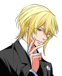  1boy blonde_hair formal hair_between_eyes male_focus medium_hair pocket_square simple_background sisido_(black_candy) suit upper_body white_background william_james_moriarty yuukoku_no_moriarty 