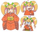  1girl :p bangs blonde_hair blush blush_stickers bow cat_hair_ornament commentary_request dangan_ronpa_(series) dangan_ronpa_2:_goodbye_despair furukawa_(yomawari) green_bow hair_bow hair_ornament hands_up highres japanese_clothes kimono long_hair long_sleeves looking_at_viewer multiple_views obi one_eye_closed open_mouth orange_kimono print_kimono round_teeth saionji_hiyoko sash shaded_face simple_background smile teeth tongue tongue_out twintails upper_teeth white_background wide-eyed wide_sleeves 