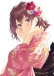  1girl blue_eyes blush brown_hair commentary_request floral_print flower from_side hair_bun hair_flower hair_ornament hand_on_own_cheek hand_on_own_face hands_up haru_(hiyori-kohal) highres japanese_clothes kimono looking_at_viewer looking_to_the_side obi original parted_lips pink_kimono print_kimono sash simple_background solo white_background 