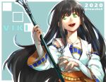  1girl 2020 :d bangs black_hair blue_background border bridal_gauntlets character_name collarbone commentary_request dated detached_sleeves gensou_suikoden gensou_suikoden_ii green_eyes highres holding holding_staff ikunosake jewelry long_hair looking_to_the_side necklace open_mouth sidelocks smile solo staff twitter_username upper_body very_long_hair viki_(suikoden) white_border white_sleeves 