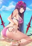  1girl alternate_costume anklet ass bikini blue_sky bracelet breasts clouds damda fate/grand_order fate_(series) flower hair_flower hair_intakes hair_ornament hibiscus horizon jewelry large_breasts long_hair looking_back ocean outdoors partially_submerged pink_bikini purple_bikini purple_hair red_eyes scathach_(fate)_(all) scathach_(swimsuit_assassin)_(fate) sky solo swimsuit 