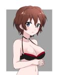  1girl airi_(akamichiaika) akaboshi_koume bangs bikini black_bikini black_choker blue_eyes border breasts brown_hair choker closed_mouth commentary cross_choker eyebrows_visible_through_hair girls_und_panzer grey_background hands_together highres interlocked_fingers light_blush looking_at_viewer medium_breasts navel short_hair smile solo swimsuit upper_body wavy_hair white_border 