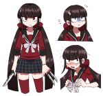  1girl :&lt; bangs blunt_bangs blush closed_mouth collarbone commentary_request cropped_legs dangan_ronpa_(series) dangan_ronpa_v3:_killing_harmony eyebrows_visible_through_hair flying_sweatdrops furukawa_(yomawari) hair_ornament harukawa_maki highres holding holding_knife knife long_hair looking_at_viewer low_twintails mole mole_under_eye open_mouth pale_skin plaid pleated_skirt pout red_eyes red_legwear red_scrunchie sailor_collar scrunchie shirt simple_background skirt thigh-highs twintails white_background zettai_ryouiki 