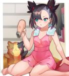  1girl arm_support asymmetrical_bangs bangs black_hair blush breasts collarbone commentary_request dress eyelashes fluffy gen_8_pokemon green_eyes hair_dryer hair_ribbon hand_up highres holding indoors katwo looking_to_the_side marnie_(pokemon) morpeko morpeko_(full) open_mouth pink_dress pokemon pokemon_(creature) pokemon_(game) pokemon_swsh poster_(object) red_ribbon ribbon shiny shiny_hair sitting towel towel_around_neck 