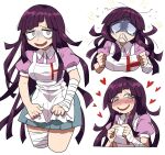  1girl :d apron bags_under_eyes bandaged_arm bandaged_hands bandaged_leg bandages bandaid bandaid_on_face bangs black_hair blush breasts clenched_hands commentary_request cropped_legs dangan_ronpa_(series) dangan_ronpa_2:_goodbye_despair flying_sweatdrops furukawa_(yomawari) grey_shirt heart highres large_breasts long_hair looking_at_viewer messy_hair mioda_ibuki multiple_views nurse open_mouth pink_shirt pleated_skirt puffy_short_sleeves puffy_sleeves purple_hair shaded_face shiny shiny_hair shirt short_sleeves simple_background skirt smile sweat teeth white_apron white_background 