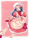  1girl :d apron blue_eyes blue_hair blush commentary_request hikari_(pokemon) dress eyelashes hair_ornament hairclip hand_up hanenbo hat heart highres knees mittens open_mouth outline pink_background pink_dress pokemon pokemon_(game) pokemon_masters_ex red_mittens short_sleeves sidelocks smile solo teeth tongue white_headwear 