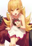  1boy 1girl 7aehyun araragi_koyomi blonde_hair blush_stickers bracelet collarbone doughnut dress fangs food highres holding holding_food jewelry long_hair monogatari_(series) open_mouth oshino_shinobu sitting sitting_on_person sleeveless sleeveless_dress teeth white_dress yellow_eyes 