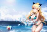  1girl bangs bikini black_bow blonde_hair blue_eyes blush bow breasts elf eyebrows_visible_through_hair flower hair_bow hair_flower hair_ornament large_breasts leng_xiin long_hair looking_at_viewer navel open_mouth pointy_ears ponytail princess_connect! princess_connect!_re:dive saren_(princess_connect!) smile solo swimsuit 
