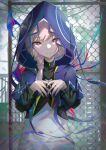  1girl absurdres bangs blue_eyes blue_nails braid chain-link_fence eyebrows_visible_through_hair fence highres hood hood_up huge_filesize interlocked_fingers jacket kaf kamitsubaki_studio long_hair long_sleeves multicolored multicolored_eyes multicolored_nails mumei_(mumei_7743) nail_polish pink_hair pink_nails red_eyes side_ponytail smile solo upper_body upturned_eyes virtual_kaf virtual_youtuber yellow_eyes zipper_pull_tab 