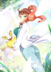  1girl :o aona_(nana) ass blue_pants blurry blurry_background blush coat commentary_request eyelashes gen_8_pokemon green_eyes green_sweater hair_ornament heart heart_hair_ornament highres labcoat looking_at_viewer looking_back orange_hair pants pokemon pokemon_(game) pokemon_swsh ribbed_sweater solo sonia_(pokemon) sweater white_coat yamper 