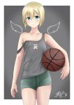  1girl absurdres armpit_peek ball basketball blonde_hair blue_eyes blush border breasts closed_mouth collarbone erica_hartmann green_shorts grey_background grey_tank_top highres holding holding_ball looking_at_viewer satukiookami shiny shiny_hair shiny_skin short_hair shorts simple_background small_breasts smile solo strike_witches tank_top white_border world_witches_series 
