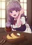  :d absurdres adjusting_hair aikatsu! aikatsu!_(series) alternate_costume apron bangs black_dress blunt_bangs blurry blurry_background butter_knife coffee coffee_pot commentary_request cutting_board dress enmaided eyebrows_visible_through_hair food fork frilled_apron frills highres hikami_sumire holding holding_pot huge_filesize ice_cream indoors kaoryu-kun knife leaning_forward looking_at_viewer maid maid_apron maid_headdress open_mouth pancake pot puffy_short_sleeves puffy_sleeves purple_hair restaurant shadow short_sleeves smile upper_body violet_eyes waist_apron white_apron window wooden_table 