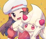  1girl :&gt; alcremie alcremie_(strawberry_sweet) brown_eyes brown_hair commentary_request hikari_(pokemon) dress eyelashes gen_8_pokemon hair_ornament hairclip hat head_tilt highres holding holding_pokemon mittens nullma one_eye_closed open_mouth pokemon pokemon_(creature) pokemon_(game) pokemon_masters_ex red_dress red_mittens short_sleeves signature smile teeth tongue white_headwear 