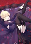  1girl absurdres artoria_pendragon_(all) bangs black_dress black_legwear blonde_hair braid breasts dress fate/grand_order fate/stay_night fate_(series) french_braid fuwatoromonta garter_straps highres legs_up long_hair long_sleeves looking_at_viewer lying on_back petals saber_alter thigh-highs yellow_eyes 