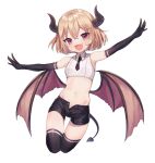 :d absurdres black_gloves black_horns black_legwear black_neckwear black_shorts blonde_hair blush demon_girl demon_tail elbow_gloves eyes gloves heart highres horns midriff mini_necktie nam navel open_clothes open_mouth open_shorts original short_hair shorts simple_background smile succubus tail thigh-highs white_background wings