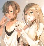  1boy 1girl :d bare_shoulders black_shirt blush breasts brown_hair copyright_request dress fingernails green_eyes hair_between_eyes hand_up index_finger_raised large_breasts long_hair open_mouth pointing shirt smile sweat toosaka_asagi white_dress 