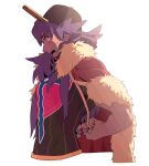  1boy arms_behind_back baseball_cap cape champion_uniform commentary_request dark_skin dark_skinned_male facial_hair from_side fur-trimmed_cape fur_trim hat highres korean_commentary leon_(pokemon) long_hair male_focus open_mouth pokemon pokemon_(game) pokemon_swsh purple_hair red_cape redlhzz shirt short_sleeves solo sweatdrop teeth upper_body yellow_eyes 