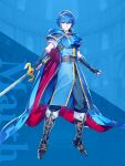  1boy bangs belt blue_cape blue_eyes blue_gloves boots cape crown fingerless_gloves fire_emblem fire_emblem:_mystery_of_the_emblem fire_emblem_engage gloves highres holding holding_sword holding_weapon looking_at_viewer marth_(fire_emblem) mika_pikazo official_art red_cape smile solo sword weapon 