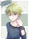  1boy amami_rantarou bangs bracelet collarbone commentary_request dangan_ronpa_(series) dangan_ronpa_v3:_killing_harmony dated goto_(sep) green_eyes green_hair hair_between_eyes hand_up happy_birthday highres jewelry long_sleeves looking_at_viewer male_focus necklace pale_skin pendant scratching_cheek shirt short_hair solo speech_bubble striped striped_background striped_shirt upper_body 