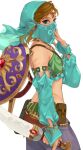  1boy arm_at_side bangs blonde_hair bridal_gauntlets crossdressinging detached_sleeves from_side gerudo_set_(zelda) hand_up highres holding holding_weapon iva_(sena0119) jewelry link looking_at_viewer male_focus mouth_veil otoko_no_ko pointy_ears shield simple_background solo sword the_legend_of_zelda the_legend_of_zelda:_breath_of_the_wild veil weapon white_background 